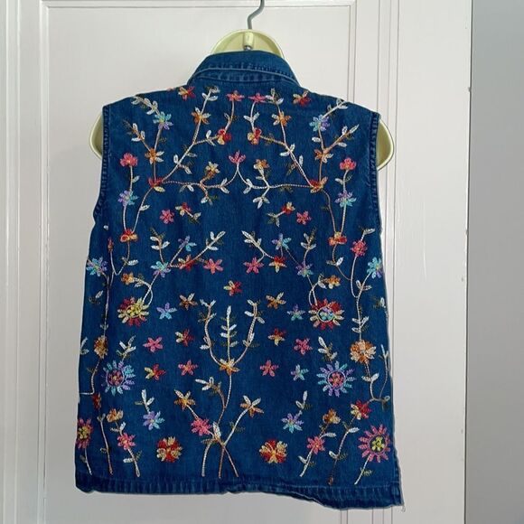 Vtg 80s/90s Life Style blue denim cotton sleeveless floral embroidered shirt - Picture 6 of 8